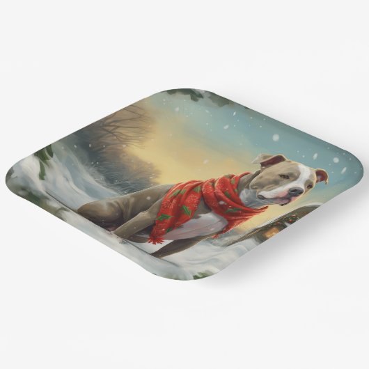 Pitbull Hund im Schnee Weihnachten Pappteller (Gewinkelt)