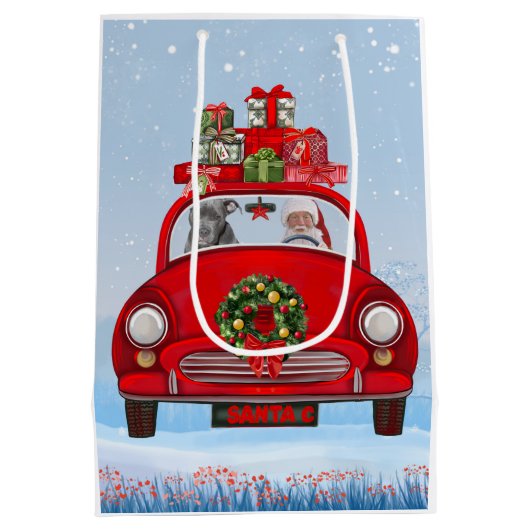 Pitbull Hund in Auto mit dem Weihnachtsmann Mittlere Geschenktüte (Rückseite)