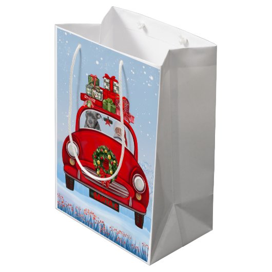 Pitbull Hund in Auto mit dem Weihnachtsmann Mittlere Geschenktüte (Rückseite Schrägansicht)