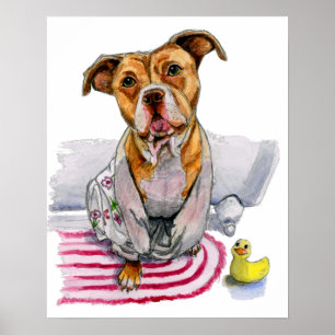 Pitbull-Hund in der Bademantel-Aquarell-Malerei Poster