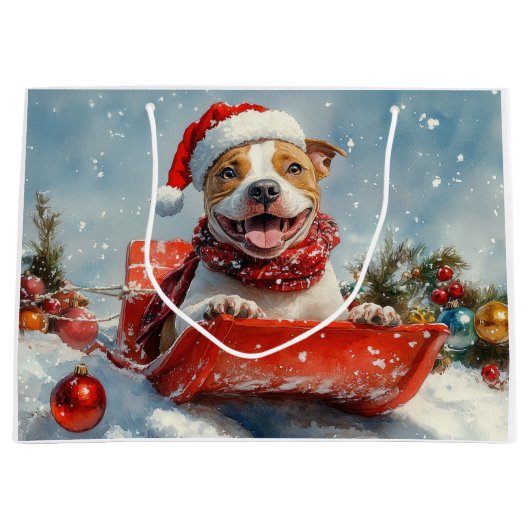 Pitbull Hund in Sledge Lass es Schnee Weihnachten Große Geschenktüte (Vorderseite)