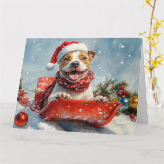 Pitbull Hund in Sledge Lass es Schnee Weihnachten Karte