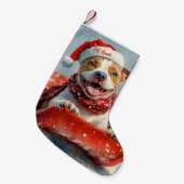 Pitbull Hund in Sledge Lass es Schnee Weihnachten Kleiner Weihnachtsstrumpf (Vorderansicht (hängend))