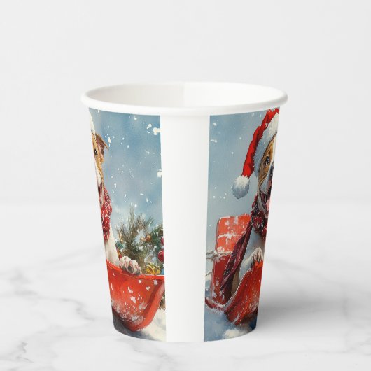 Pitbull Hund in Sledge Lass es Schnee Weihnachten Pappbecher (Links)