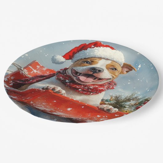 Pitbull Hund in Sledge Lass es Schnee Weihnachten Pappteller (Schrägansicht)