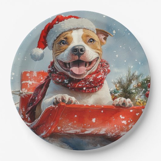 Pitbull Hund in Sledge Lass es Schnee Weihnachten Pappteller (Vorderseite)