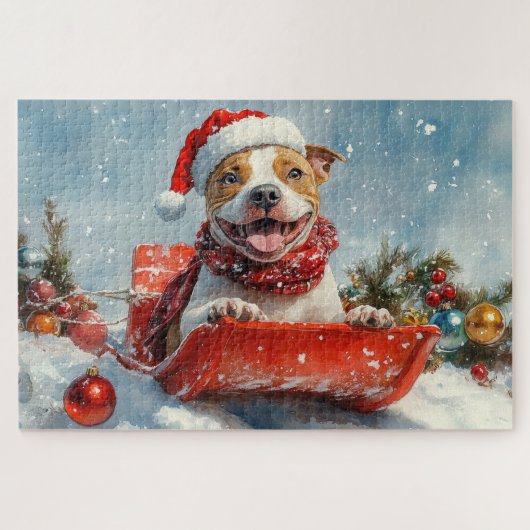 Pitbull Hund in Sledge Lass es Schnee Weihnachten Puzzle (Horizontal)