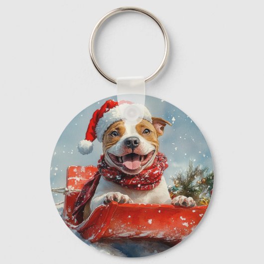 Pitbull Hund in Sledge Lass es Schnee Weihnachten Schlüsselanhänger (Vorderseite)