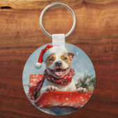 Pitbull Hund in Sledge Lass es Schnee Weihnachten Schlüsselanhänger (Rückseite)