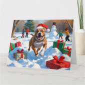 Pitbull Hund läuft im Schnee mit Weihnachtshut Karte (Vorderseite)