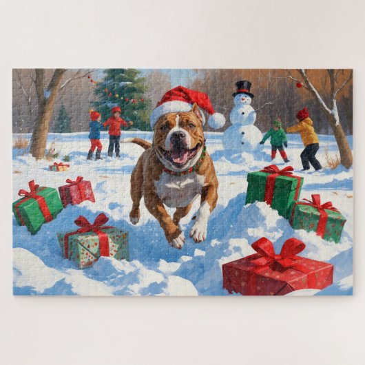 Pitbull Hund läuft im Schnee mit Weihnachtshut Puzzle (Horizontal)