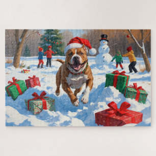 Pitbull-Hund läuft im Schnee mit Weihnachtsmütze Puzzle