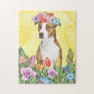 Pitbull Hund mit Blume Frühjahr Puzzle