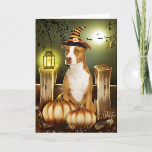 Pitbull Hund mit Hexenhutenhut Halloween Karte (Vorderseite)