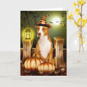 Pitbull Hund mit Hexenhutenhut Halloween Karte (Gelbe Blume)