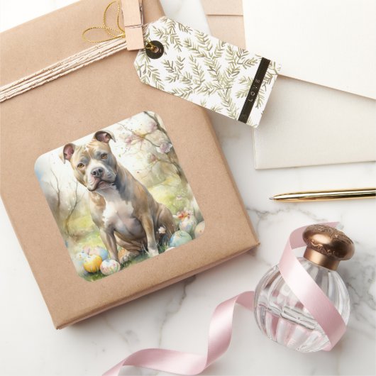 Pitbull Hund mit Ostereiern Urlaub Quadratischer Aufkleber (Schenken)