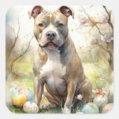 Pitbull Hund mit Ostereiern Urlaub Quadratischer Aufkleber (Vorderseite)