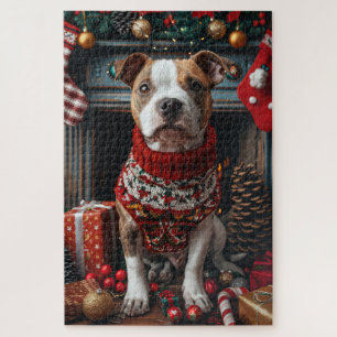 Pitbull-Hund mit Weihnachtsgeschenken am Kamin Puzzle