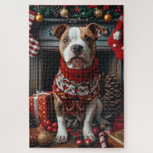 Pitbull Hund mit Weihnachtsgeschenken Feuerplatz Puzzle (Vertikal)