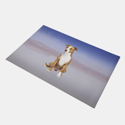 Pitbull Hund sitzend am Strand Fußmatte (Schrägansicht)