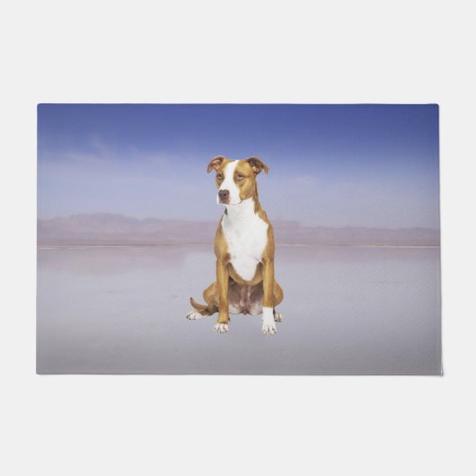 Pitbull Hund sitzend am Strand Fußmatte (Vorderseite)