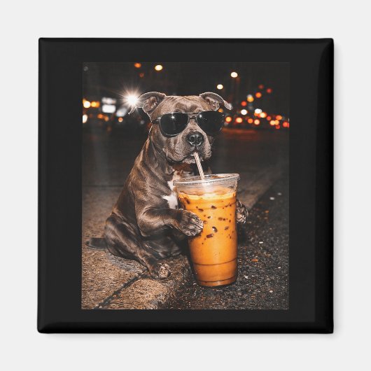 Pitbull-Hund trinkt Eiskaffee mit Sonnenbrille Magnet (Vorne)