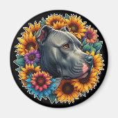Pitbull Hund umgeben von blühenden Sonnenblumen Magnet (Vorne)