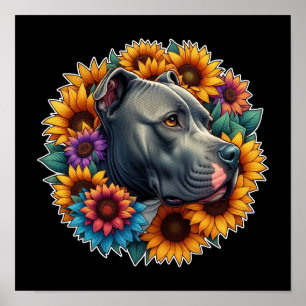 Pitbull-Hund umgeben von lebendigen Sonnenblumen Poster