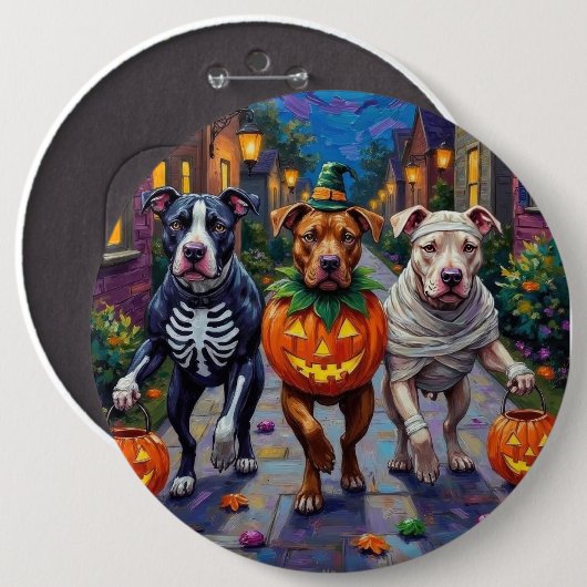 Pitbull-Hunde beim Trick-or-Treat an Halloween Ha Button (Vorne & Hinten)