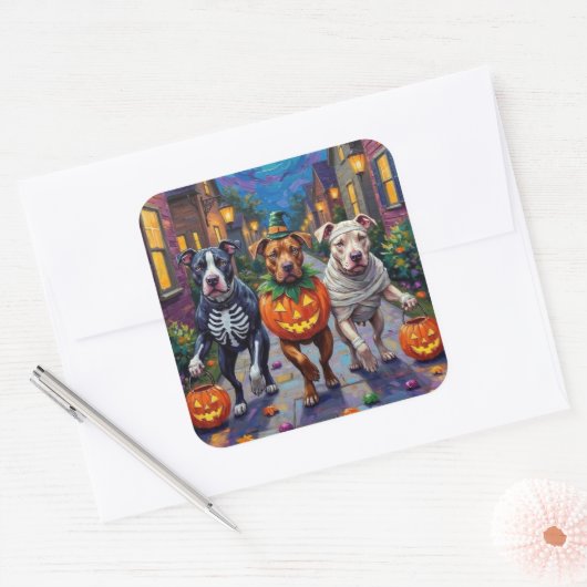 Pitbull Hunde Trick-oder-Treating Halloween-Kostüm Quadratischer Aufkleber (Umschlag)