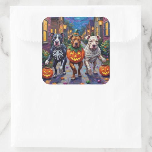 Pitbull Hunde Trick-oder-Treating Halloween-Kostüm Quadratischer Aufkleber (Tasche)