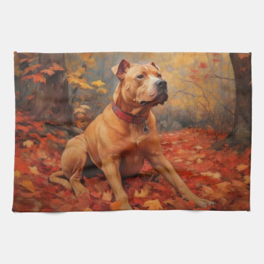 Pitbull im Herbst Leaves Fall Inspiriert Geschirrtuch (Horizontal)