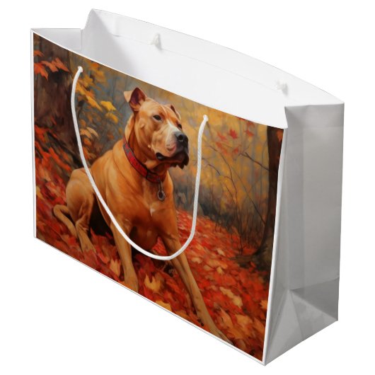 Pitbull im Herbst Leaves Fall Inspiriert Große Geschenktüte (Rückseite Schrägansicht)