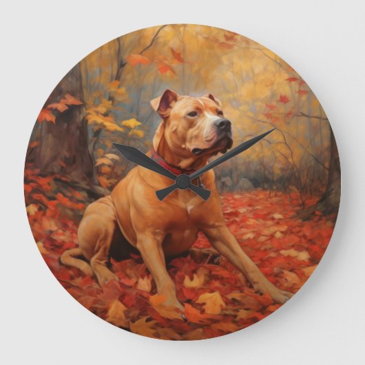 Pitbull im Herbst Leaves Fall Inspiriert Große Wanduhr (Vorderseite)