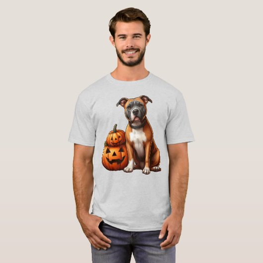 Pitbull mit Halloween Pumpkins T-Shirt (Vorne ganz)