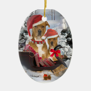 Pitbull mit Sankt Pferdeschlitten Verzierung Keramik Ornament