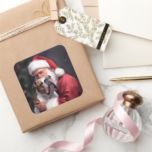 Pitbull mit Weihnachtsmann Weihnachten Quadratischer Aufkleber (Schenken)