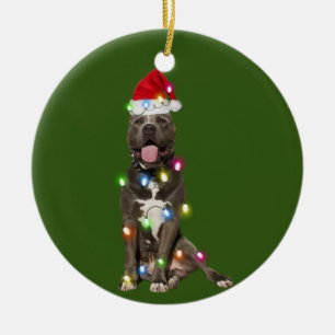 PITBULL mit Weihnachtsschäfte Weihnachtsmannmütz Keramik Ornament