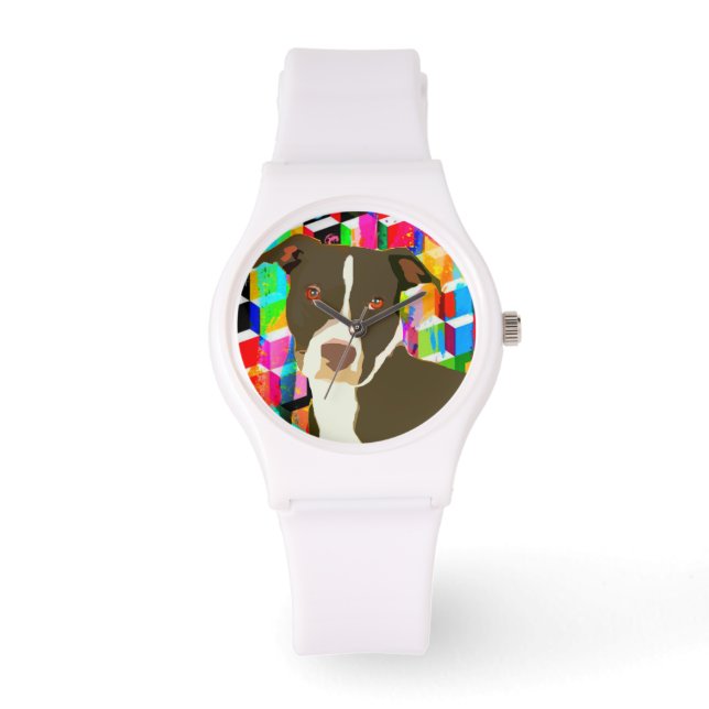 Pitbull Portrait Pop Art Armbanduhr (Vorderseite)