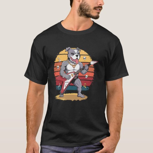 Pitbull rockt mit E-Gitarre T-Shirt (Vorderseite)