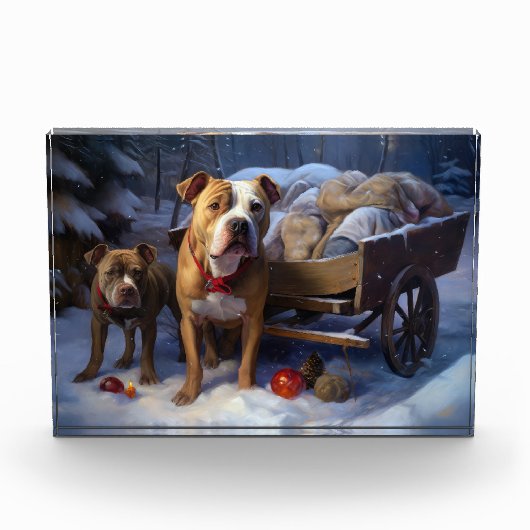 Pitbull Snowy Sleigh Weihnachtsdekor Fotoblock (Vorderseite)