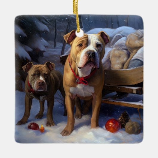 Pitbull Snowy Sleigh Weihnachtsdekor Keramikornament (Vorderseite)