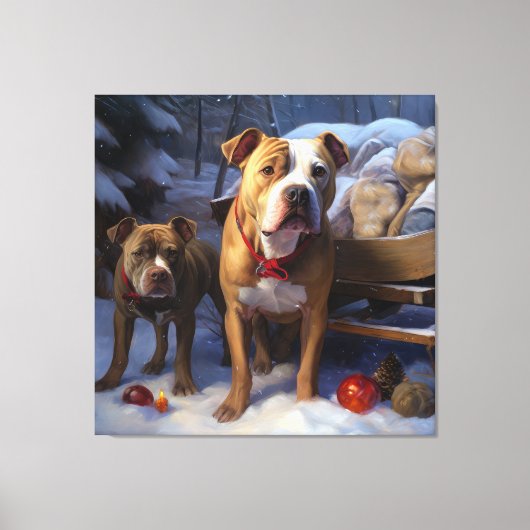 Pitbull Snowy Sleigh Weihnachtsdekor Leinwanddruck (Vorderseite)