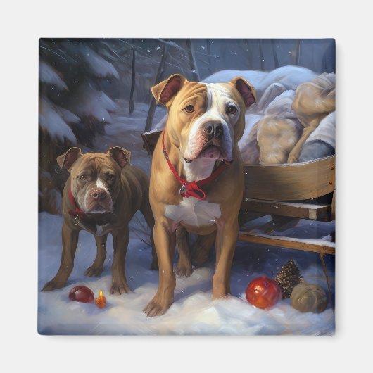 Pitbull Snowy Sleigh Weihnachtsdekor Magnet (Vorne)