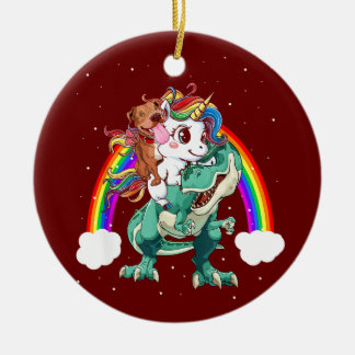 Pitbull Unicorn Riding Dinosaur T rex Funny Christ Keramik Ornament