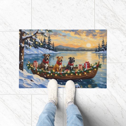 Pitbull-Weihnachtsboot-Feiertag Fußmatte (Indoor)