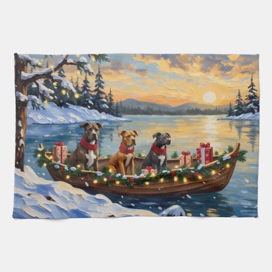 Pitbull-Weihnachtsboot-Feiertag Geschirrtuch (Horizontal)