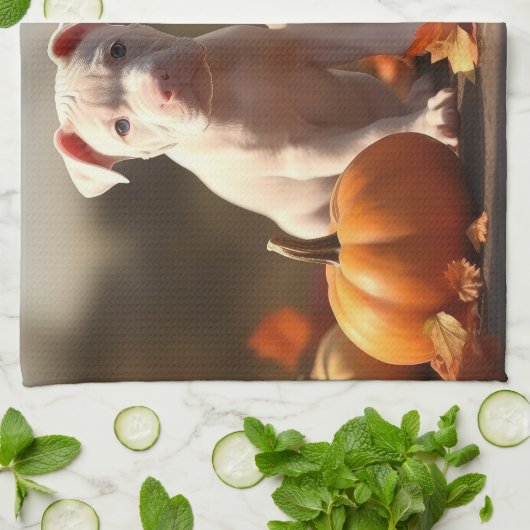 Pitbull Welpe Herbst Delight Pumpkin Geschirrtuch (Gefaltet)