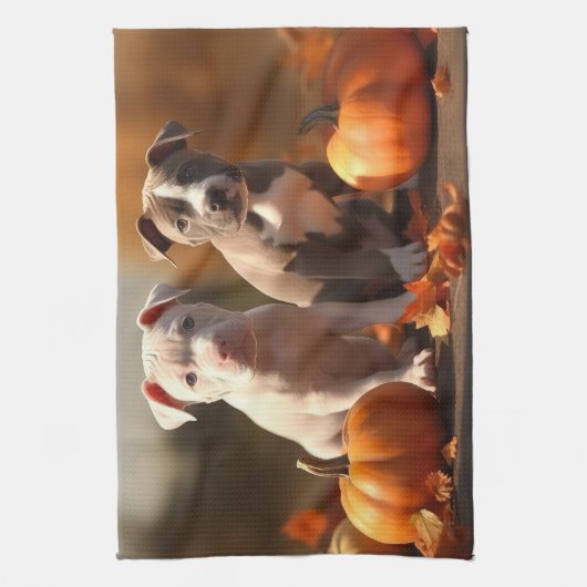 Pitbull Welpe Herbst Delight Pumpkin Geschirrtuch (Vertikal)