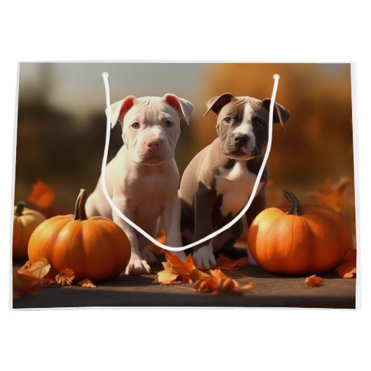 Pitbull Welpe Herbst Delight Pumpkin Große Geschenktüte (Vorderseite)